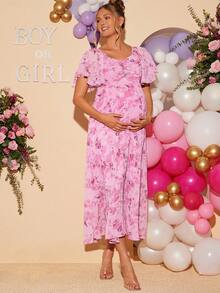 Loomaby 孕妇碎花印花心形领荷叶袖优雅连衣裙 - 彩色 - 查看 3