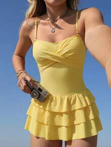 Swim Mod New Strapless Ruffled Layered Cake Skirt One-Piece Swimsuit, Light Yellow, Spring/Summer Yellow Babydoll Top Yellow Sundress Women Lemon Dress Women Love And Lemonade Dresses Yellow Vacation Dress Short Yellow Dress Mini Dress Ruffle Sundress Sun Dress - Yellow - View 1