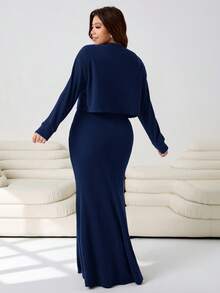 Solflare Conjunto Elegante Feminino de 2 Peças com Vestido Azul Marinho Sem Mangas e Jaqueta de Manga Longa, Outono/Inverno, Plus Size - Azul Marinho - Visão 7