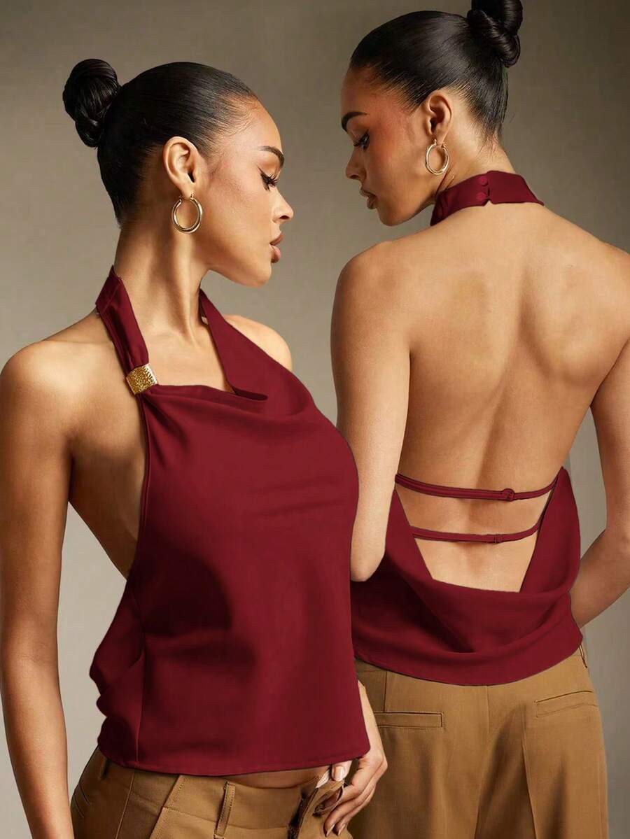 Hauture Sexy Summer Casual Asymmetrical Neck Backless Cowl Top - Burgundy - View 1