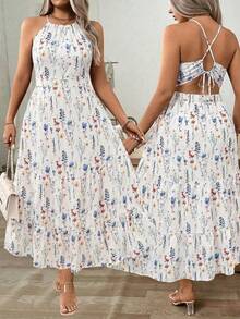 EMERY ROSE Plus Size Women's Sexy Floral Print Backless Tie-Knot Waist Slip Dress, Vacation Style - Multicolor - View 1