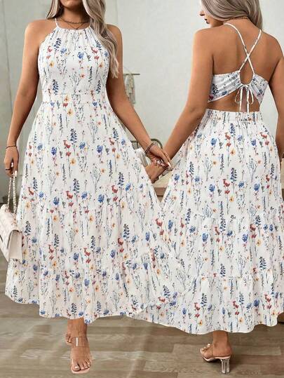 Elenzga Büyük Beden Kadınlar İçin Seksi Çiçek Desenli Sırtı Açık Bağlamalı Belden Askılı Elbise, Tatil Tarzı