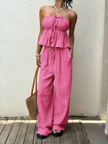 SHEIN EZwear Bộ đồ nữ màu hồng cánh sen dệt kim, kiểu dáng thường ngày, buộc dây phía trước, gồm áo quây và quần, thích hợp cho kỳ nghỉ xuân/hè. - Màu Hồng Tươi - Xem 4