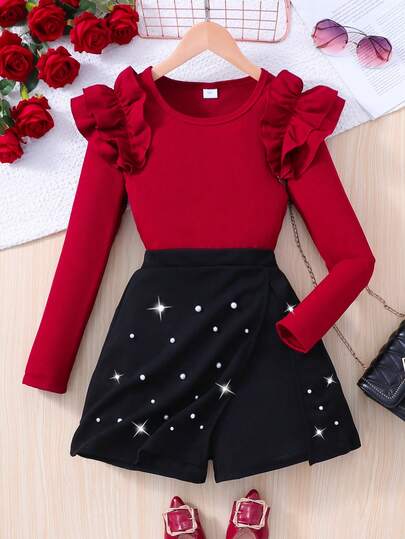 Tween Girl Spring/Autumn Party Banquet Round Neck Layered Ruffle Trim Long Sleeve T-Shirt And Faux Pearl Decor Skort Set