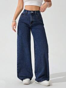 SHEIN ICON Quần jean ống đứng cổ điển giặt sạch cỡ lớn cho nữ - Rửa tối - Xem 1