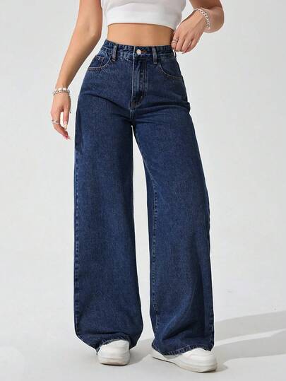 SHEIN ICON Jeans rectos de talle alto con lavado vintage para mujer de talla grande