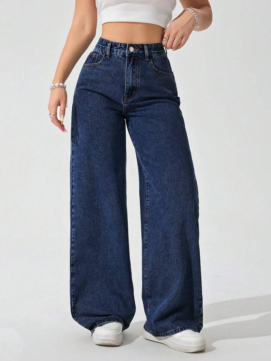 SHEIN ICON Quần jean ống đứng cổ điển giặt sạch cỡ lớn cho nữ - Rửa tối - Xem 1