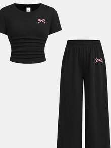 Set de 2 piezas para niñas preadolescentes: Camiseta de manga corta con pliegues en la cintura y estampado de mariposas, y pantalones de pierna ancha, de ajuste holgado, ideal para uso diario en primavera/verano, salidas, moda, elegante - Negro - Ver 7