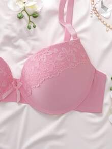 DelicateAllure 情人节粉色蕾丝拼接文胸，带钢圈和模压罩杯，高支撑，提拉塑形，浪漫花卉图案女士内衣 - 粉色 - 查看 5