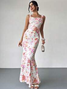 Firerie 女士优雅浪漫时尚通勤性感优雅连衣裙，适合派对、度假、浪漫约会和婚礼生日等场合，花卉印花垂褶领口美人鱼下摆修身长裙