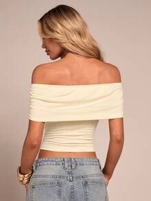 Glamine Áo thun nữ thanh lịch, màu trơn, kiểu trễ vai - Màu be - Xem 2