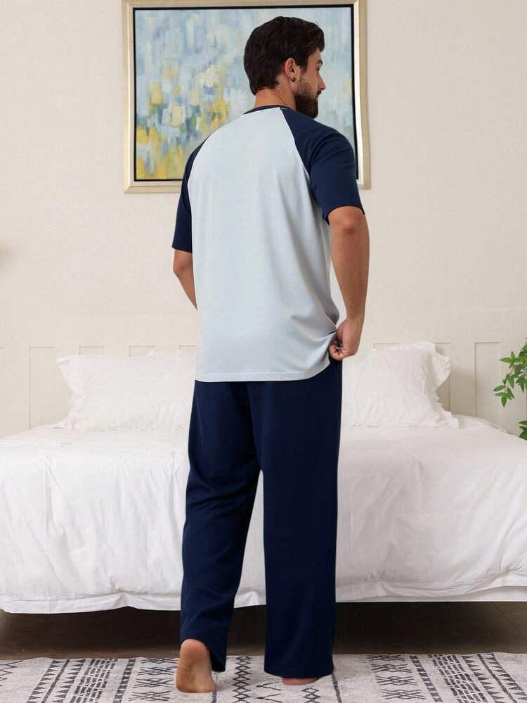 Men's Raglan Sleeve Contrast Color Loungewear Set, Spring/Summer