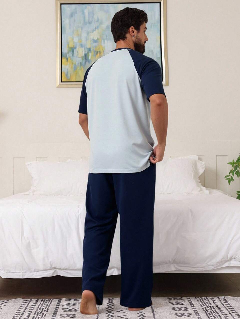 Men's Raglan Sleeve Contrast Color Loungewear Set, Spring/Summer