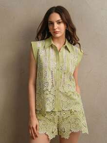 Women's Luxury Vintage Embroidered Sleeveless Top And Lace Shorts Set Short Suit Set Women - Green - View 6