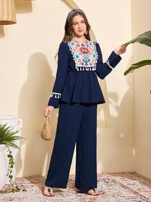 2pcs/Set Teen GirlCasual Loose Geometric Print Long Sleeve Top With Tassel Trim + Elastic Waist Wide Leg Pants Set, Spring/Summer