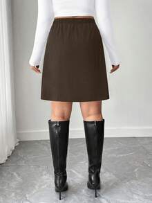 SHEIN Tall CURVE Falda A-Line minimalista con cremallera de unicolor talla grande - Café integral - Ver 2