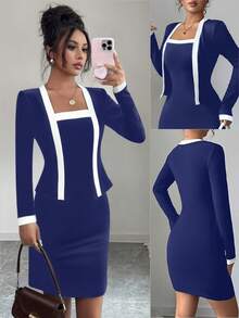 Elenzga Women's 2 In 1 Long Sleeve Bodycon Mini Dress - Navy Blue - View 8