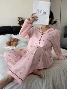 Dream Adore 加大码粉色豹纹爱心印花衬衫式开衫睡衣套装 - 粉色 - 查看 6