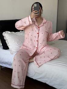 Dream Adore 加大码粉色豹纹爱心印花衬衫式开衫睡衣套装 - 粉色 - 查看 5