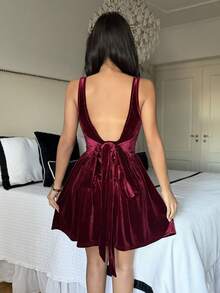 Ronhire Women's Vintage Velvet Red Christmas Dress - Burgundy - View 2