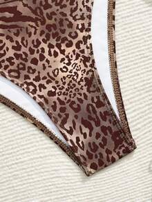 Swim Vcay Random Leopard Print Deep V-Neck Sexy Backless Halter Swimsuit With Tie Side Cheeky Bottoms, Suitable For Beach, Vacation, Casual, Festival, Boho Style, Spring/Summer - Multicolor - View 9