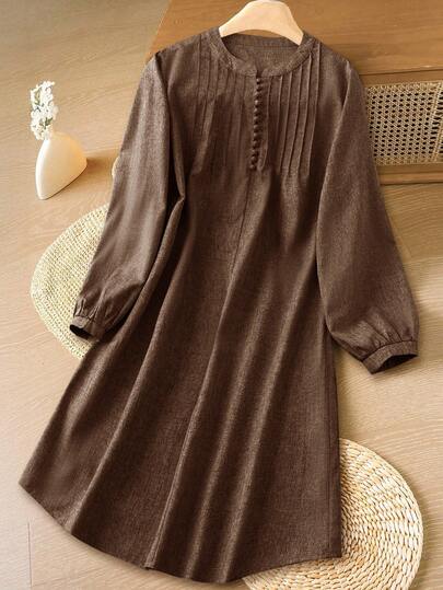 Rusticease Women's Casual Everyday Commute Simple Solid Color Fold Pleated Loose Dress, Spring/Autumn Women Long Sleeve Dress Brown Dress Women