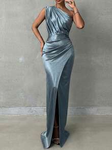 Woman Satin Fabric Elegant Maxi Length Party Dress - Mint Green - View 6