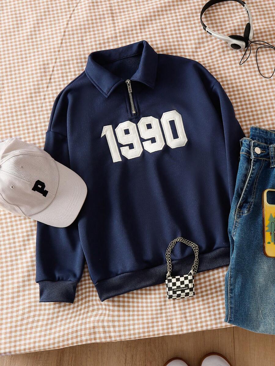 Áo polo nỉ kiểu dáng thường ngày, sành điệu dành cho bé gái tuổi teen, thêu chữ "1990" màu đỏ, phong cách đường phố retro. - Màu xanh lam - Xem 1