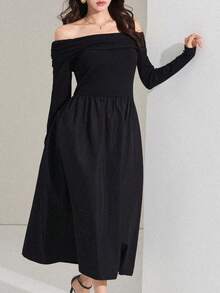 DAZY Women's Elegant Off Shoulder Midi Dress, Solid Color, Suitable For Commuting Sundress - Black - View 8
