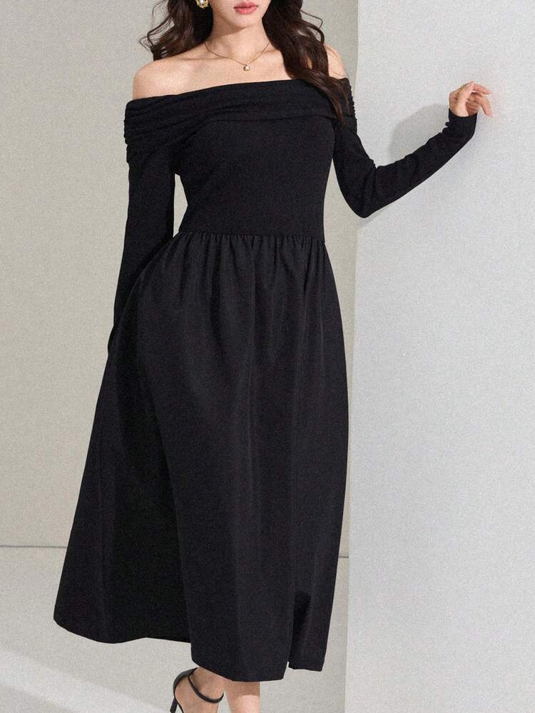 Women's Elegant Off Shoulder Midi Dress, Solid Color, Suitable For Commuting Sundress