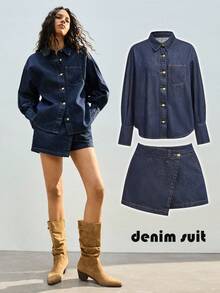 Maija New Long-Sleeved Denim Jacket + Asymmetrical Skirt, Stylish Denim Two-Piece Set, Preppy Style Set,Stylish Office Attire