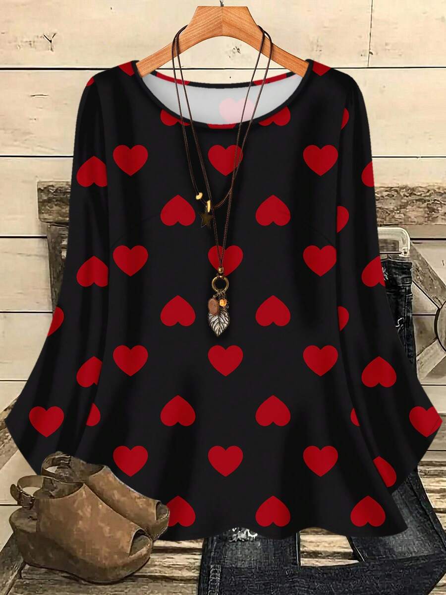 Mellowie 大码女式浪漫休闲爱心印花宽松圆领七分袖衬衫，情人节爱心衬衫，情人节礼物 - 黑色 - 查看 1