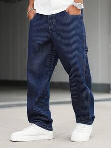 Manfinity Hypemode Men's Casual Street Style Embroidered Multi-Pocket Striped Blue Denim Jeans Mens Navy Blue Pinstripe Pants Baggy Cargo Jeans Men, Perfect Holiday Gift For Boyfriend & Husband