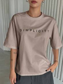 DAZY Letter Print Loose Fit Round Neck Women T-Shirt - Khaki - View 4