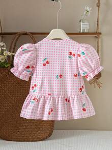 SHEIN Young Girls Cute Plaid Cherry Print Short Sleeve Shirt - Pink - View 2
