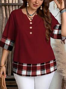 EMERY ROSE Casual Retro Commuter Daily Versatile Burgundy Contrast Plaid Print Plus Size Small V-Neck Shirt, Suitable For Summer, Summer Top, Burgundy Top Spring Carnival,Vacation - Red - View 6