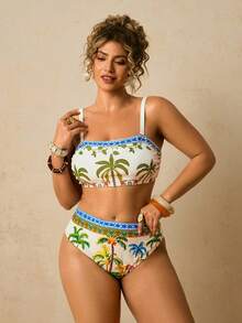 Travachic Plus Size Women Coconut Tree Print Swimwear Set, Bandeau Swimwear Top - Multicolor - View 3