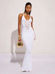 COSMINA Đầm midi nữ thanh lịch, móc len, cổ chữ V sâu, thích hợp cho kỳ nghỉ. - trắng - Xem 3