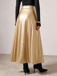 COSMINA 女士纯色简约休闲优雅长款PU皮裙，秋冬季，金色长裙，金色半身裙，情人节，派对，金色中长裙 - 香檳色 - 查看 7