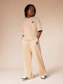 SUMWON Oversized Crew Neck Short Sleeve T Shirt And Wide Leg Sweatpants Set With Logo Print For Boys Casual Vacation - Khaki - View 7