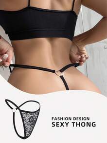 Women's Black Knitted Fabric Thong With Ring Detail Fantasy Gorgeous Underwear - Black - View 1