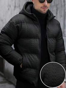 Manfinity CasualCool 男士秋冬针织提花连帽绗缝外套，宽松休闲舒适，送给男友的礼物，加厚保暖街头风绗缝外套，男士科技风夹克，男士冬季夹克，黑色连帽拉链科技风夹克，适合日常休闲、周末旅行、户外活动、探险旅行、轻松的工作环境或半正式场合，送给男友/丈夫的礼物，周年纪念礼物 - 黑色 - 查看 5