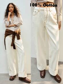 Maija New White Denim Jeans, Stylish And Slimming Straight Leg, Comfortable 100% Cotton Denim. - Apricot - View 5