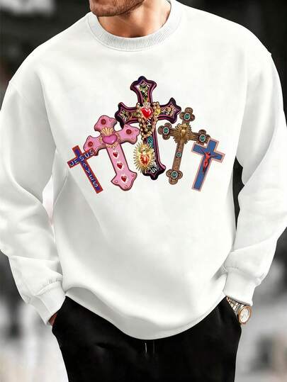 Manfinity Dauomo Men's Cross Print Crew Neck Long Sleeve Pullover Sweatshirt