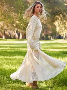 WESTFADE Chân váy maxi dáng chữ A xòe rộng, cạp chun phối ren. - trắng - Xem 6