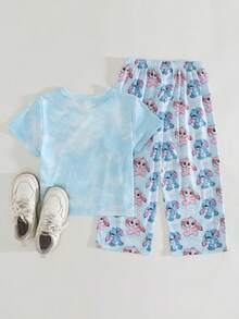 THE HAPPY LOOK 2pcs/Set Young Girl Cartoon Animal Print Knit Soft Round Neck Short Sleeve Top And Elastic Waist Pants - Multicolor - View 2