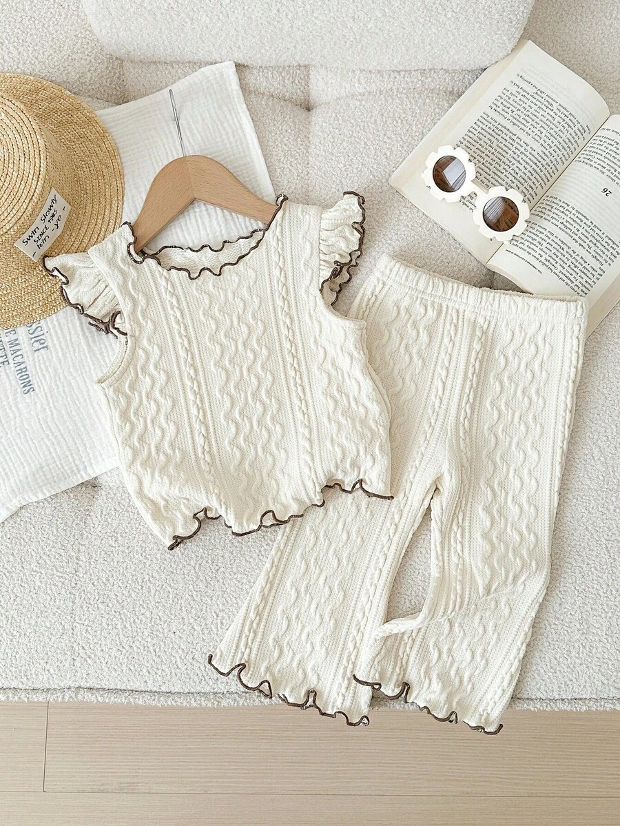 SHEIN Babygirl Cute Casual Apricot Knit Cap Sleeve Top And Elastic Waist Pants Set - Apricot - View 1