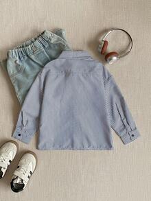 PrepCrw Young Boys' Logo Embroidered Button-Front Long Sleeve Shirt, Collegiate Style Dinosaur - Blue and White - View 3