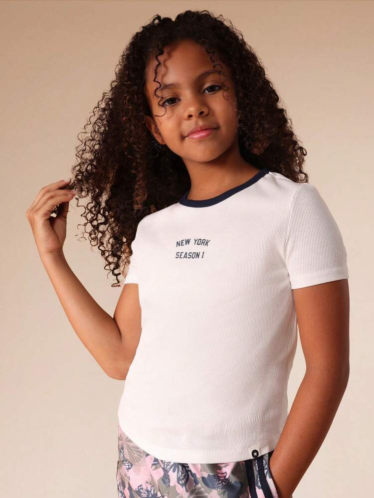 Ribbed Graphic Ringer Tee With Contrast Trim