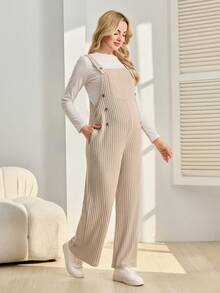 SHEIN 孕妇休闲罗纹无袖连体裤 - 杏色 - 查看 5